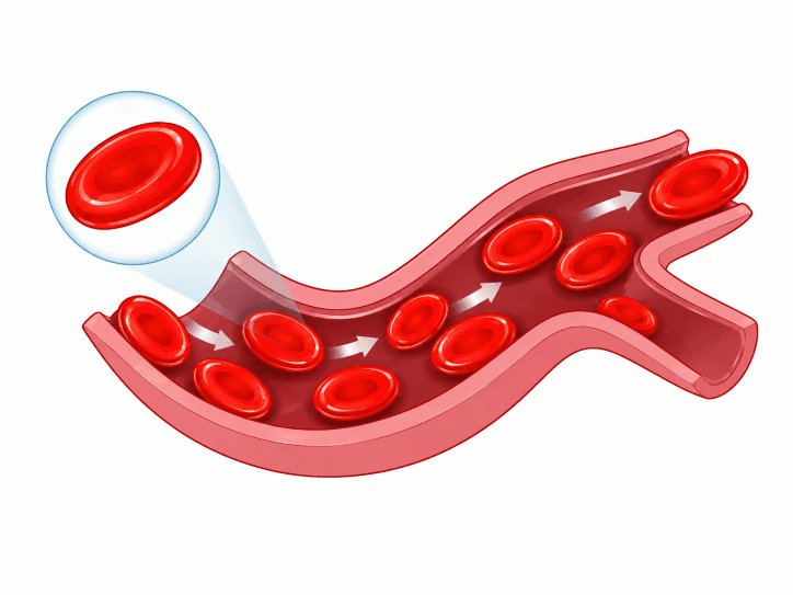 Circulation sanguine normale, avec des globules rouges ronds et souples.